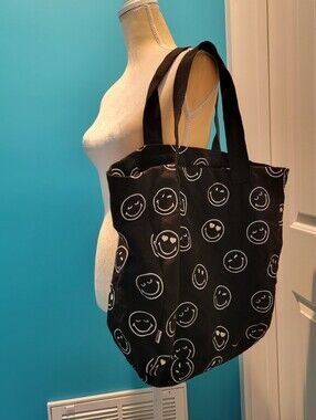 Smiley Face reusable shopping smileyworld Black Canvas Tote Bag Smile